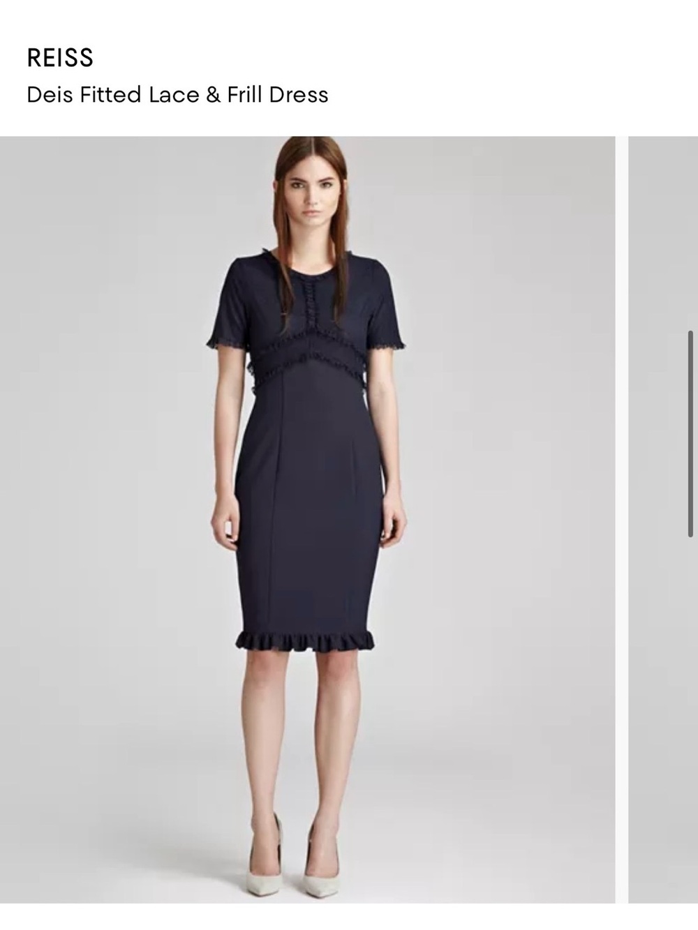 REISS Deis Fitted Lace & Frill Dress in Navy size 10